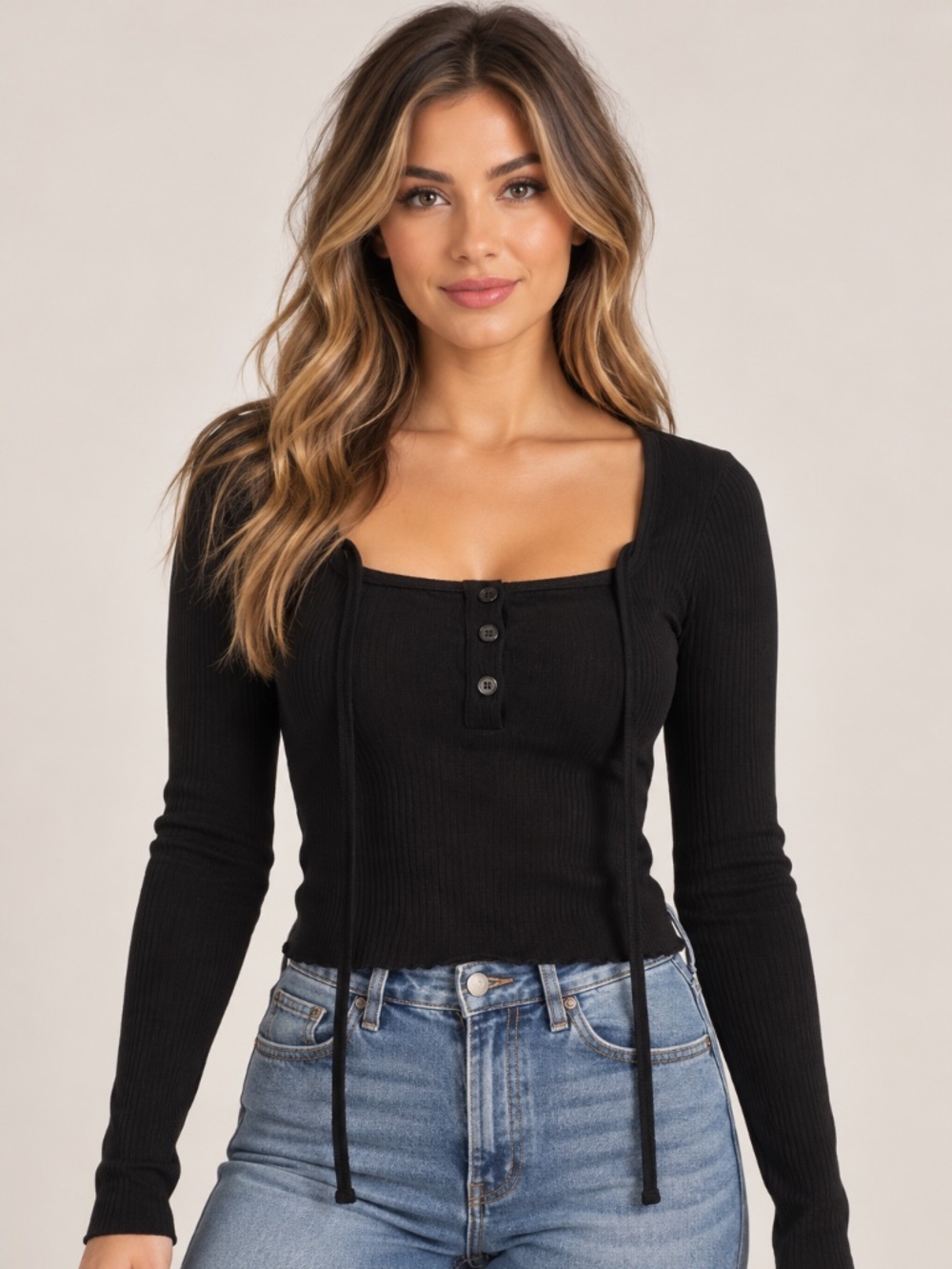 Chic by Hotdog Black Ribbed Square Neck Long Sleeve Top